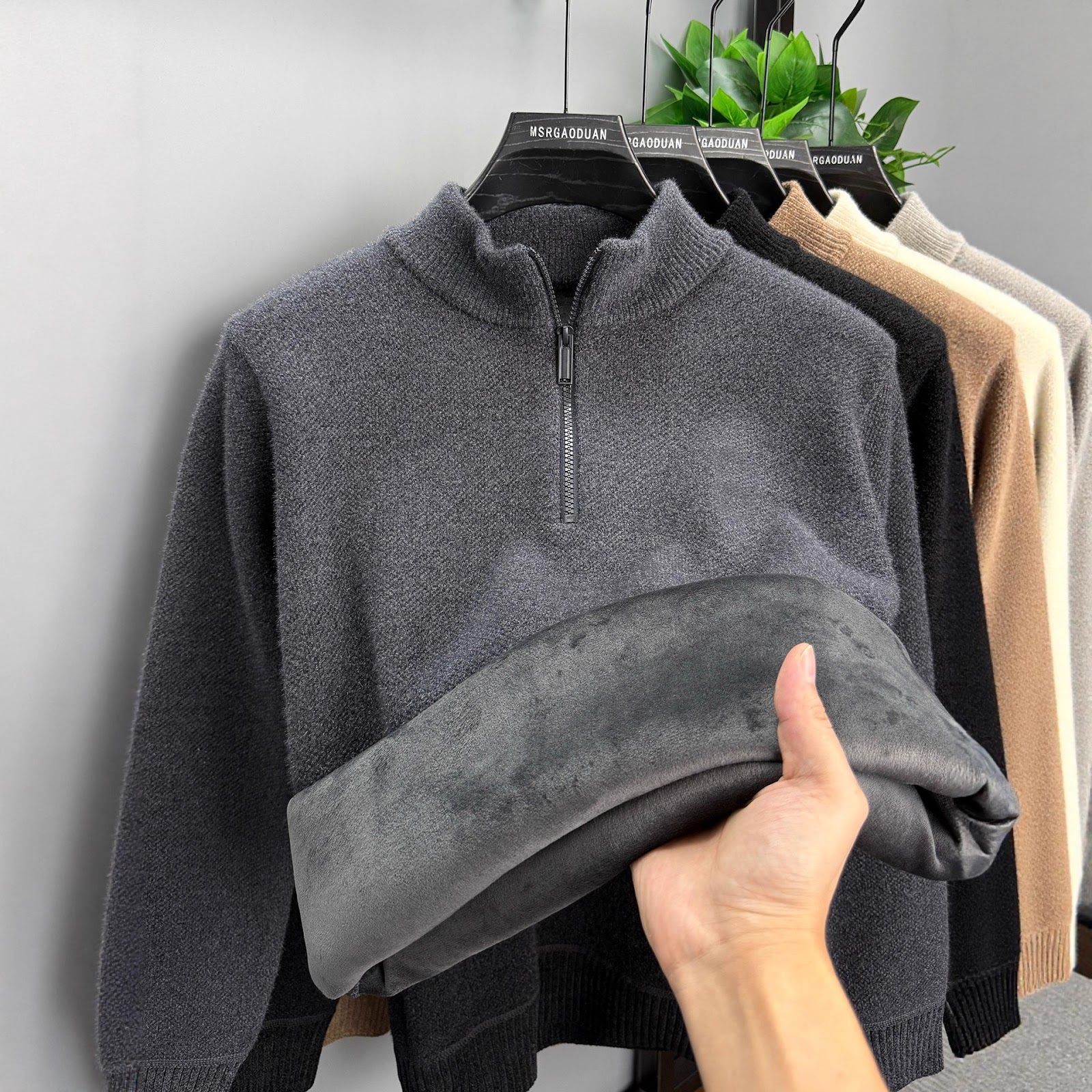 Men's zip-up sweater, lined, stand-up collar