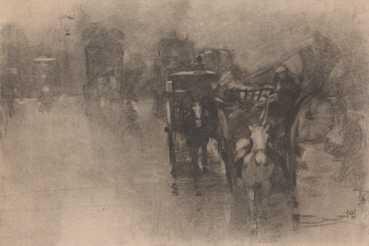 Stadsplein in regen met rijtuigen 19th century