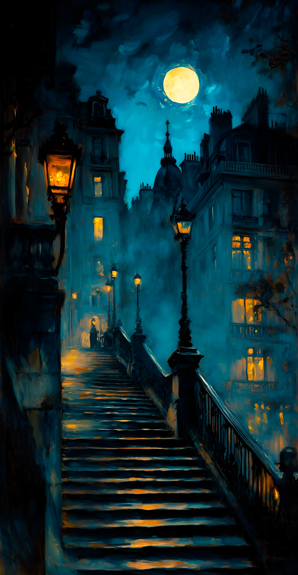 Impressionist Night Stairs in Foggy European Cityscape - Free 4K mobile Wallpaper