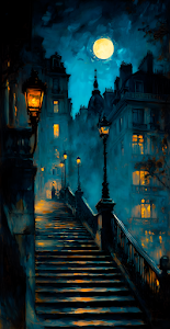 Impressionist Night Stairs in Foggy European Cityscape