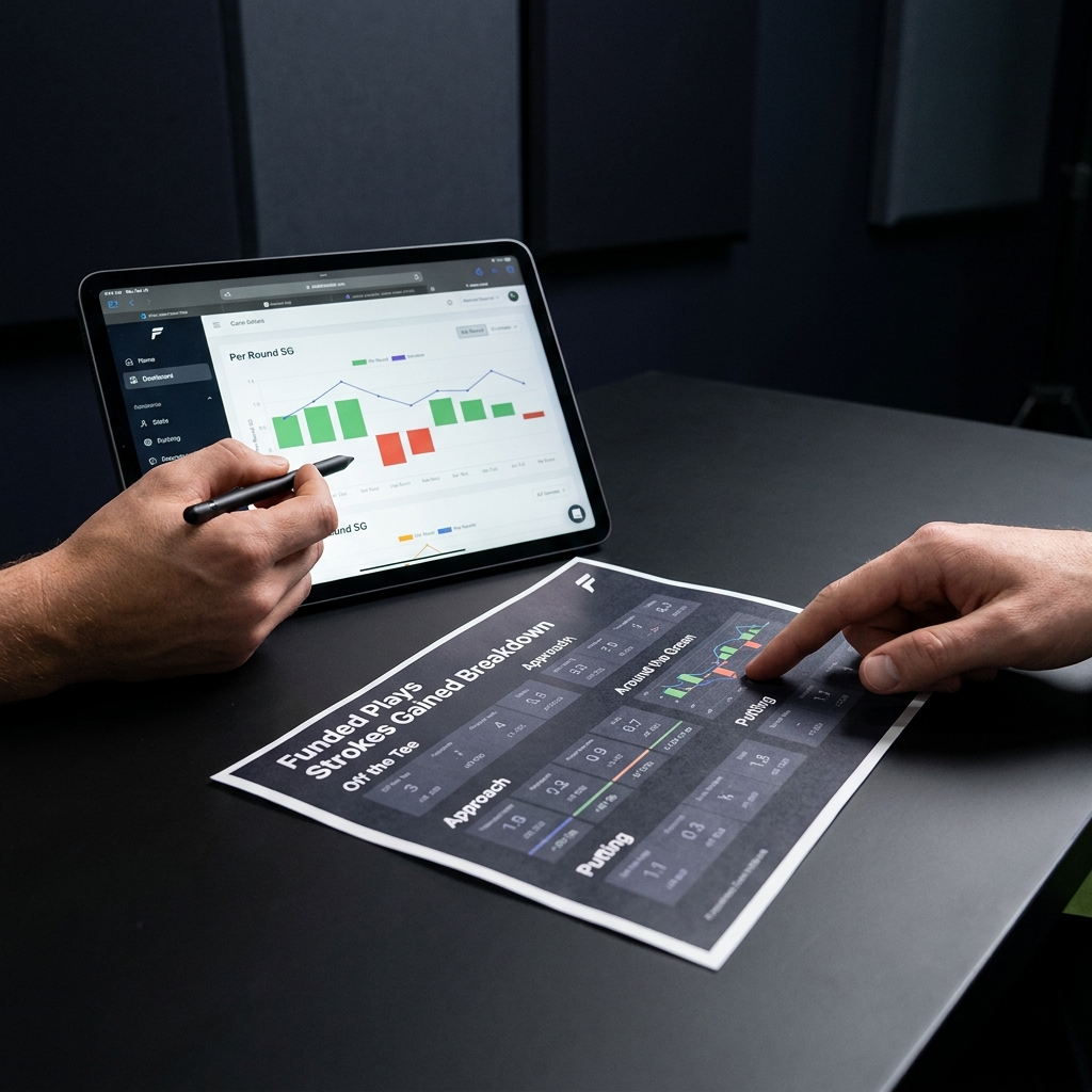 Coach and player reviewing a printed strokes gained breakdown worksheet next to a tablet showing per round strokes gained charts Using Strokes Gained in Golf Analysis