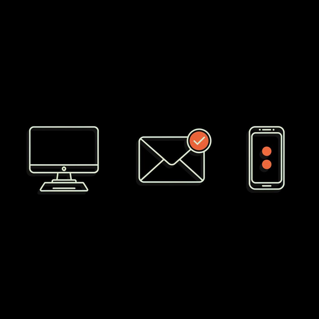 Minimalist infographic on black background showing a desktop computer, a verified recovery email icon, and an authenticator app symbol — create gmail account without phone number