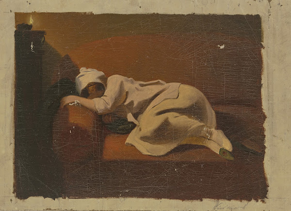 Schlafende Frau auf rotem Sofa