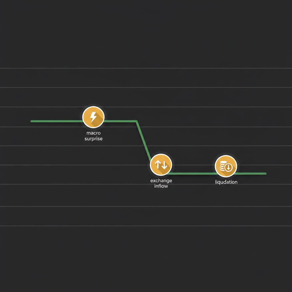 Minimalist vector chart showing a sharp price drop with three visual markers for macro surprise exchange inflow and liquidation crypto coin market news
