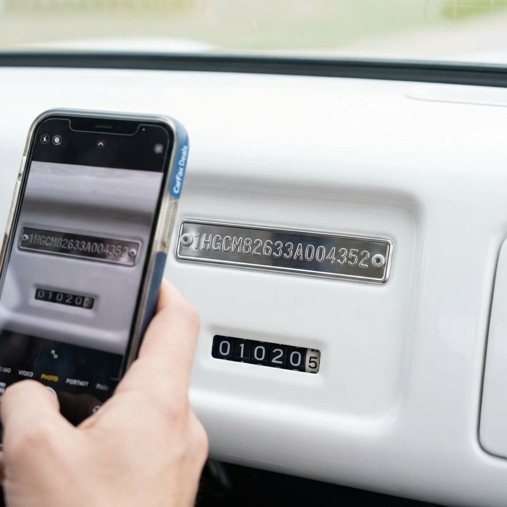 Close up of VIN plate and odometer on used chevy tahoe for sale clear digits and a hand holding a smartphone on a clean white dashboard