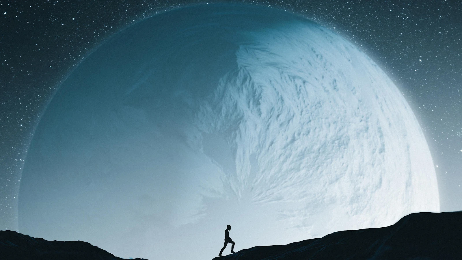 Explorer Standing Against Giant Planet - Digital Space Art 4K Wallpaper (3840x2160)