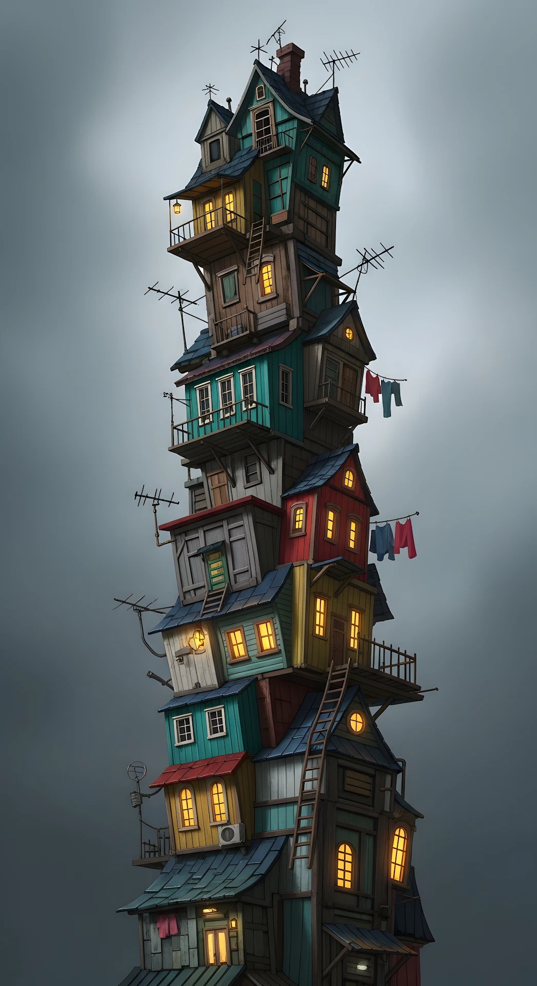 Whimsical Stacked Houses Tower Cartoon Art - Free 4K mobile Wallpaper