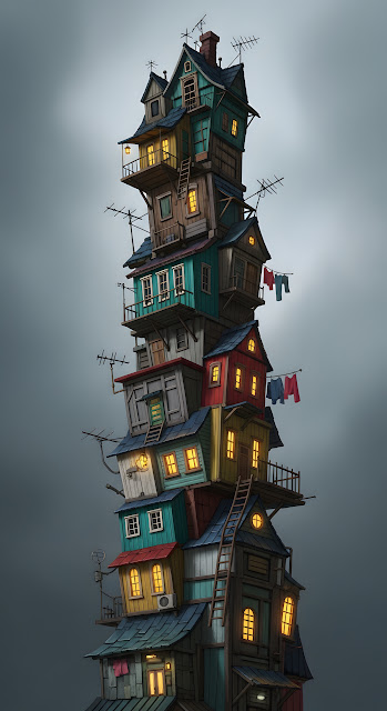 Whimsical Stacked Houses Tower Cartoon Art - Free mobile Wallpaper