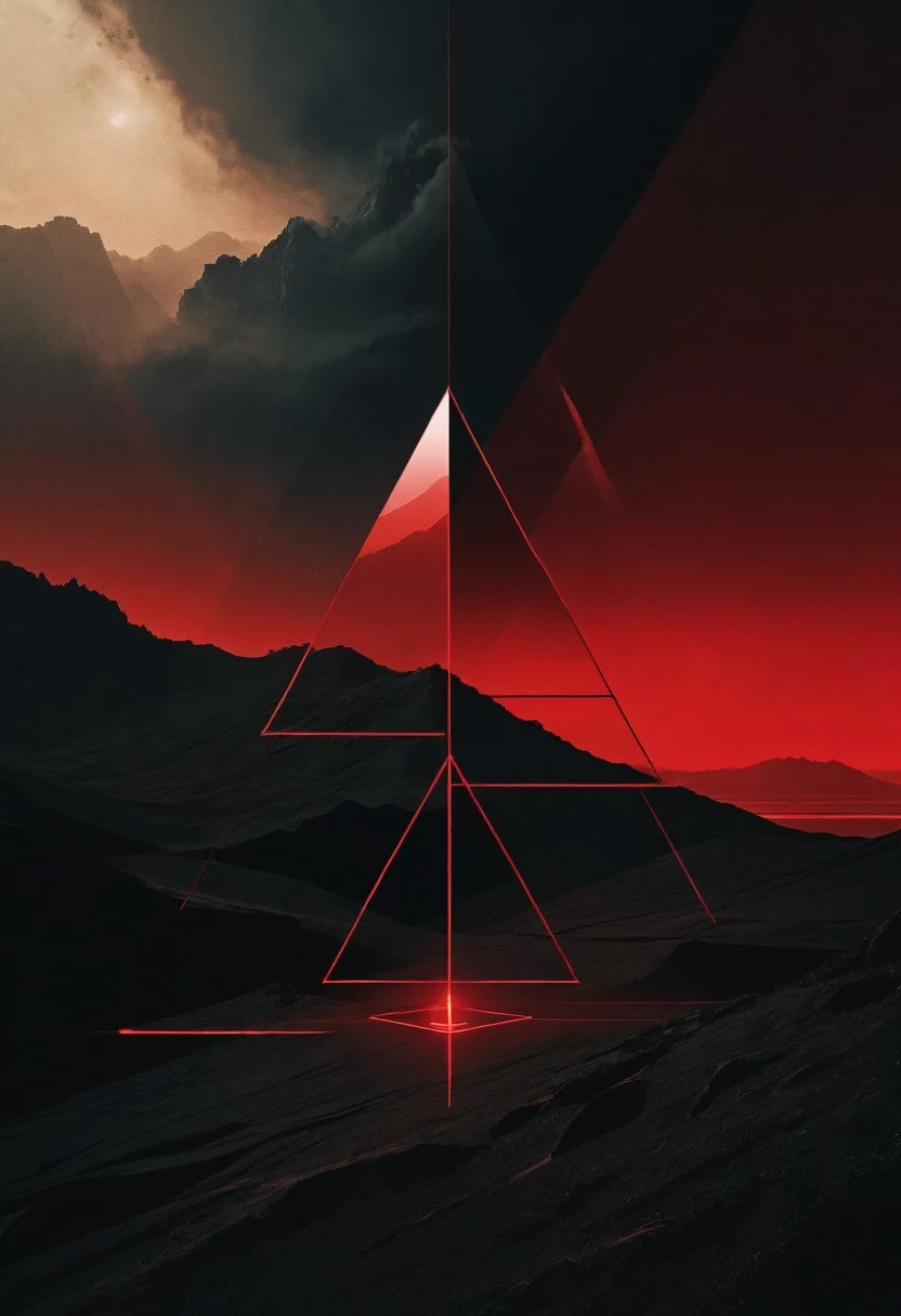 Red Geometric Triangles Over Mountain Landscape - Free 4K mobile Wallpaper