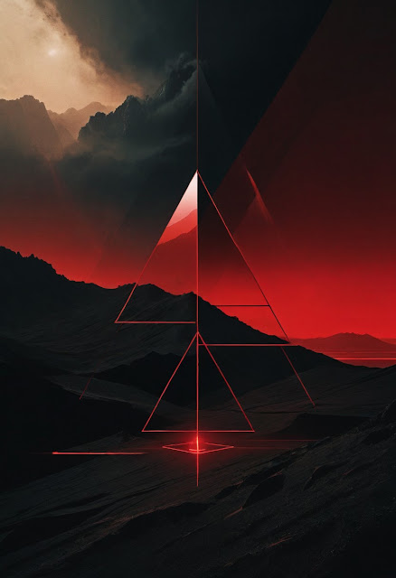 Red Geometric Triangles Over Mountain Landscape - Free mobile Wallpaper