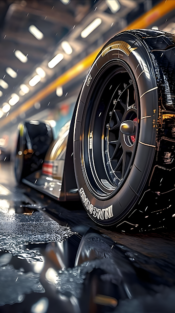 Extreme Close Up Race Car Slick Tire on Wet Pit Lane