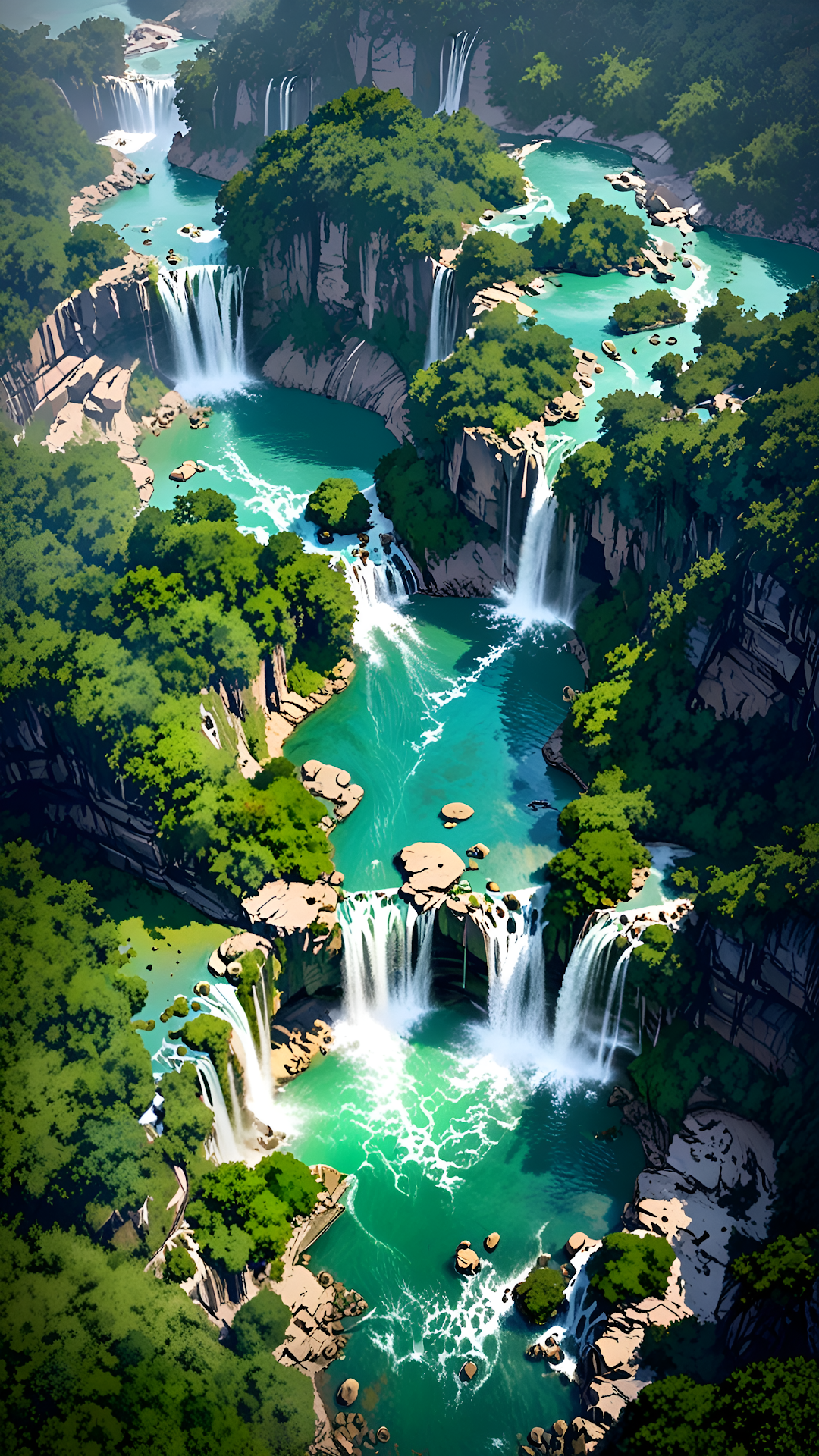 Majestic Tiered Waterfalls Deep Tropical Canyon Illustration - Free 4K mobile Wallpaper