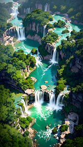 Majestic Tiered Waterfalls Deep Tropical Canyon Illustration