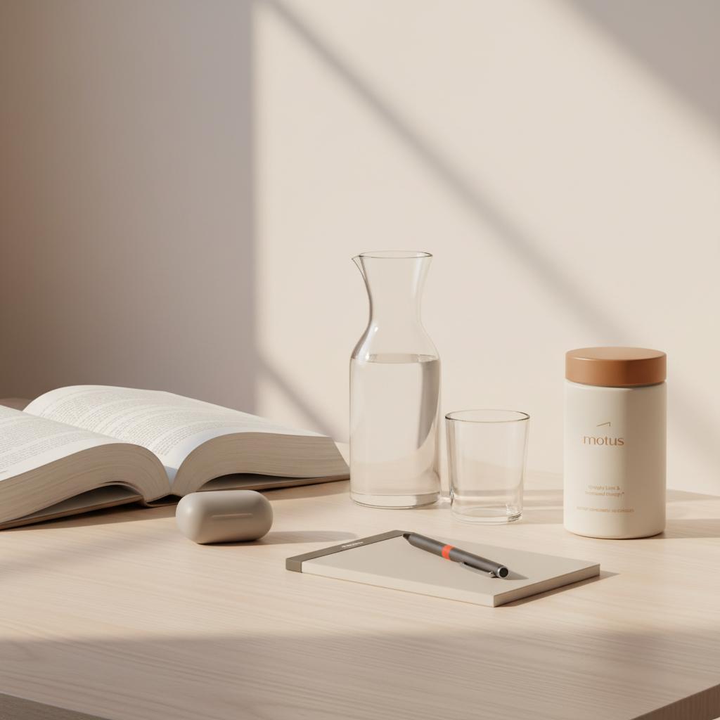 Tidy study desk with open textbook, earbuds, water carafe and Tonum Nouro bottle to the right in soft natural light — best supplements for studying