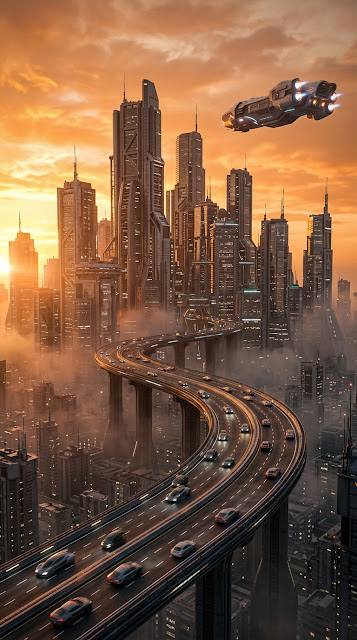 Futuristic Sci-Fi City Highway at Sunset 3D Render - Free mobile Wallpaper