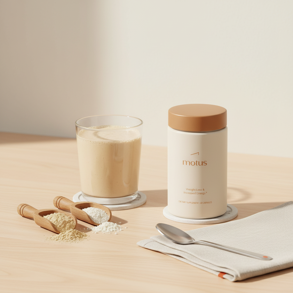 Minimal still-life of Tonum Motus supplement jar beside a blended protein shake and scoops of pea and rice protein powders on a wooden table — best protein powder for meal replacement