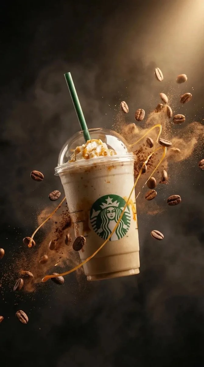 Fotografía comercial ultrarrealista de un frappuccino de caramelo en un vaso de plástico transparente con tapa arribadada...