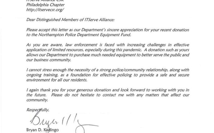 ITServe Alliance Philadelphia Chapter Received a Thank You letter Northampton Borough Police Department