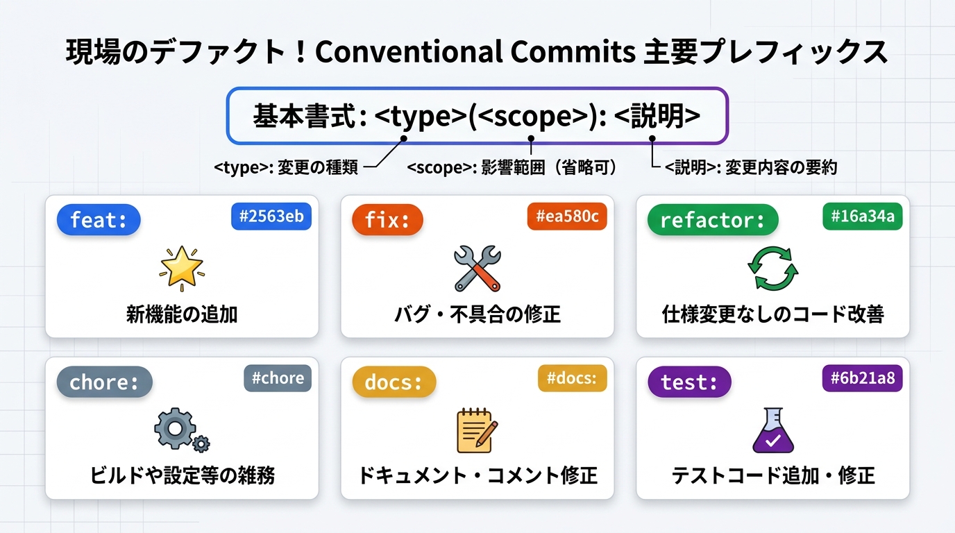 現場のデファクト！Conventional Commits 主要プレフィックス