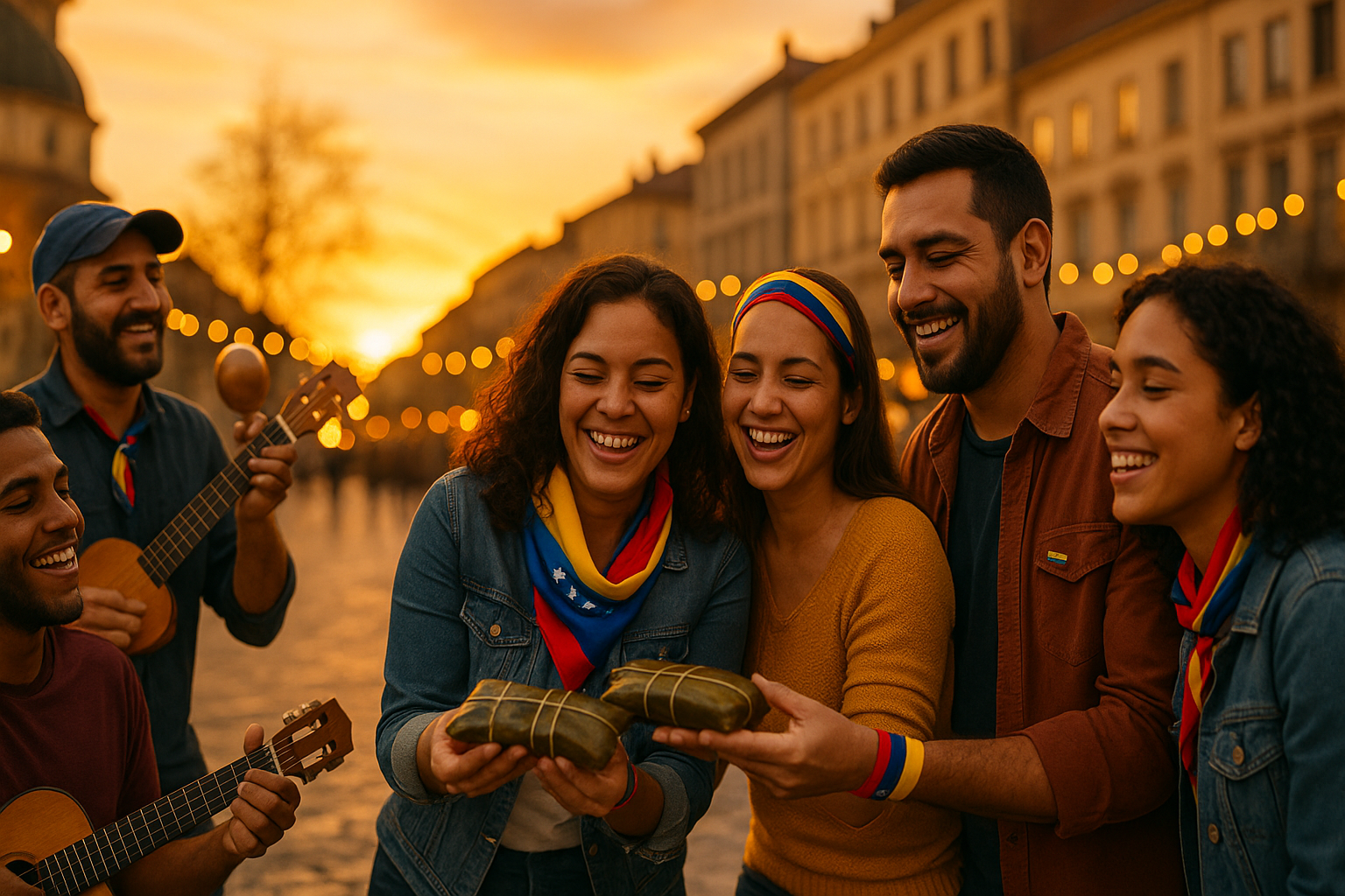 Comunidad venezolana celebrando con gaitas y hallacas en una plaza al atardecer