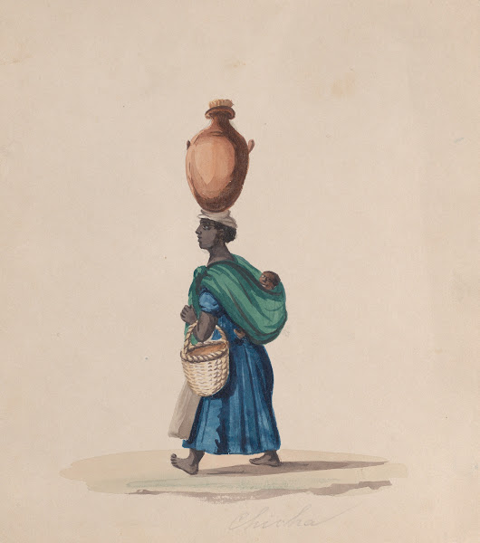 A woman carrying a vessel on her head and a child on her back ca 1848