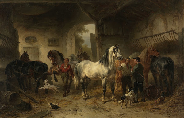 Interieur van een stal met paarden en figuren 1850   1874