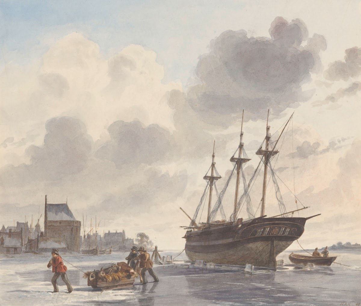 Schip in het ijs op een rivier bij een stad 1845