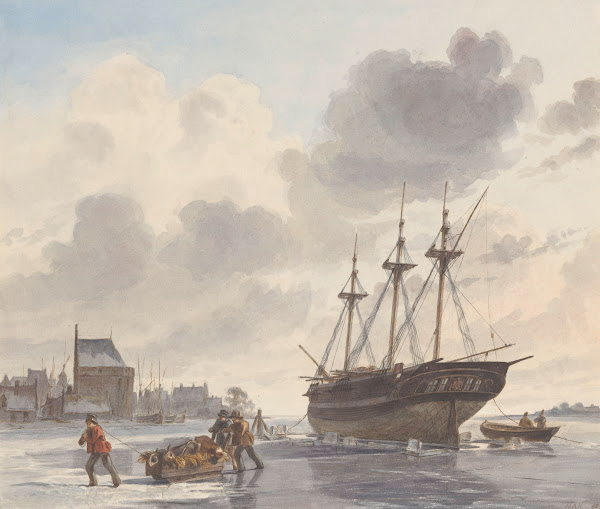 Schip in het ijs op een rivier bij een stad 1845