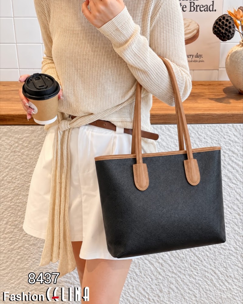 Cartera tote de hombro beige con asas marrones · foto 2