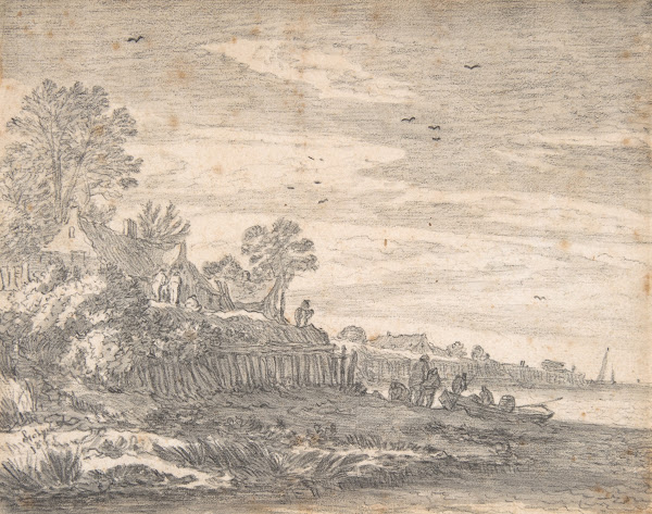 Village on an estuary with a rowing boat on the shore 17th century