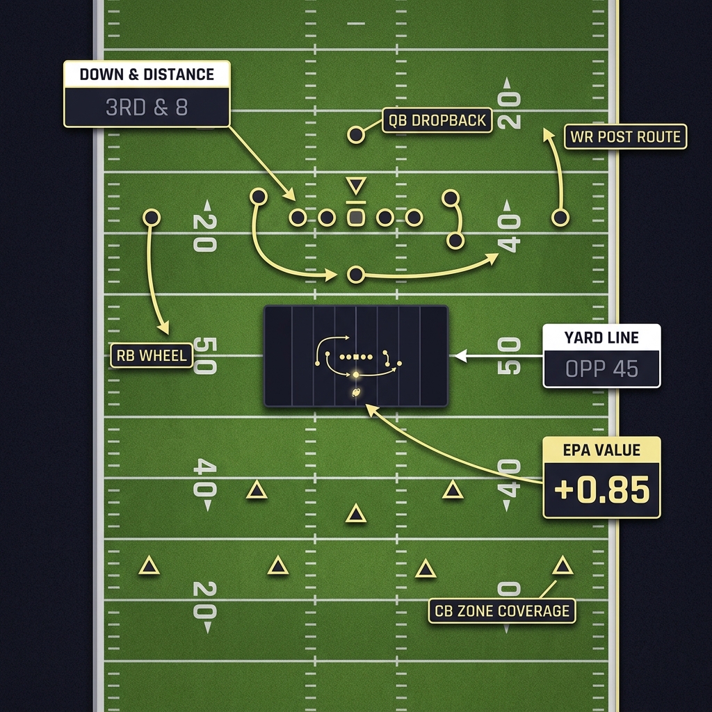Annotated full frame play screenshot showing down distance yard line and EPA values for a single play Using EPA to Evaluate NFL Teams