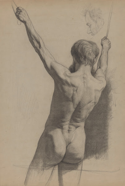 Staand mannelijk naakt met opgeheven armen op de rug gezien 1874   1925
