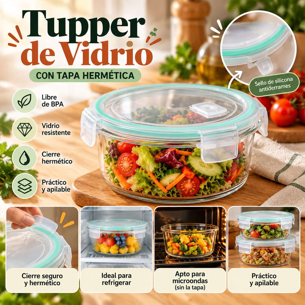 Tupper de vidrio con tapa hermética