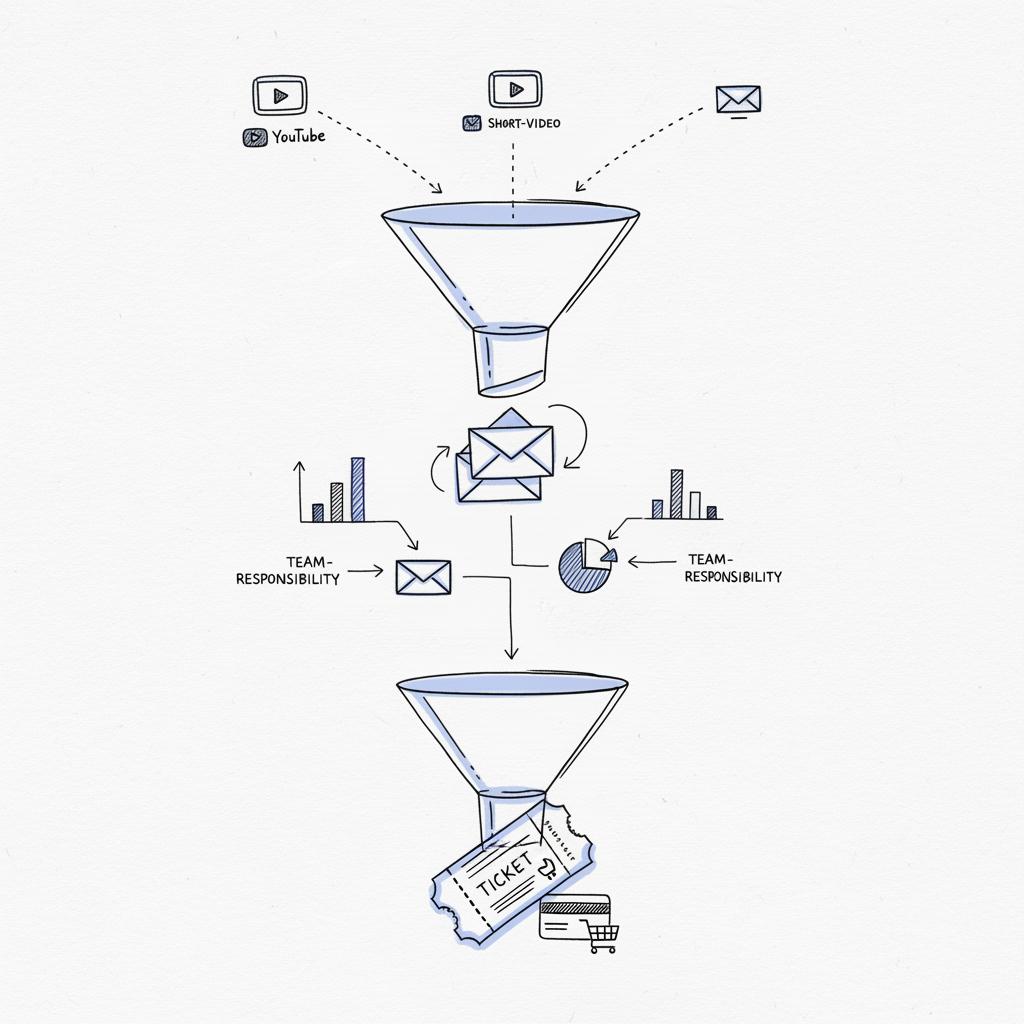 Hand-drawn notebook sketch of a multi-channel event funnel with top video icons, mid-funnel email boxes and ticket checkout at bottom to promote event online