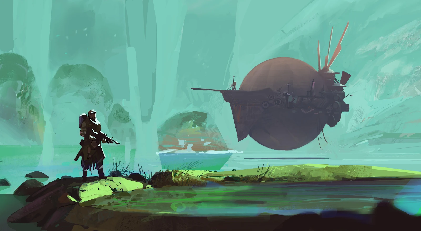 Sci-Fi Soldier and Floating Ship - Digital Concept Art 4K Wallpaper (4500x2475)