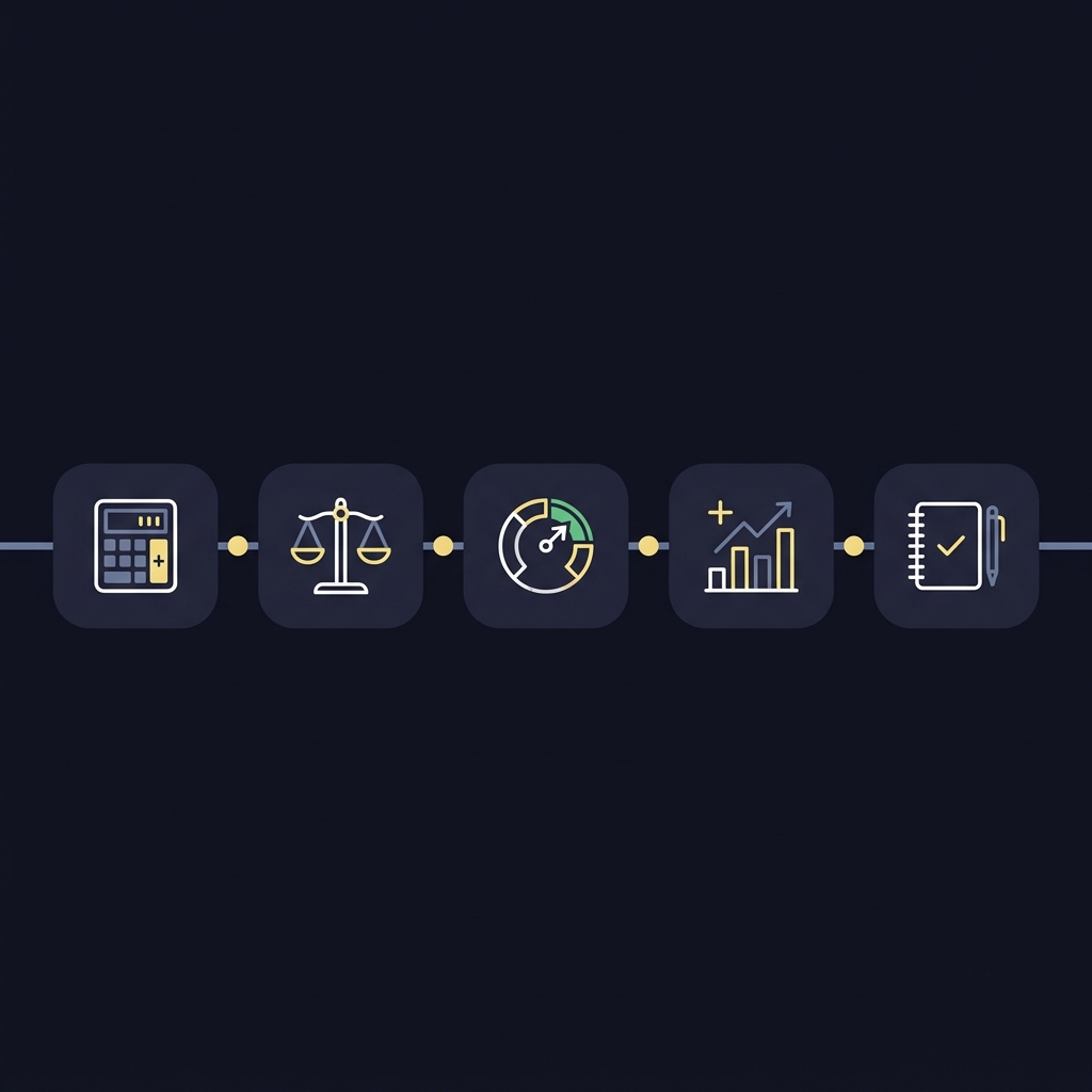 Minimalist 2D vector checklist illustrating five steps to calculate Expected Value in Moneyline Markets using calculator scales probability gauge EV chart and log notebook icons on a dark Funded Plays background