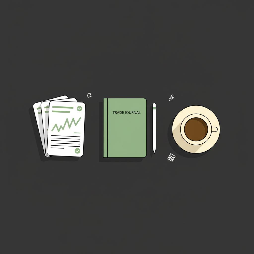 Minimalist 2D vector top down view of an organized desktop with printed trade confirmations notebook and coffee illustrating how do i start share trading