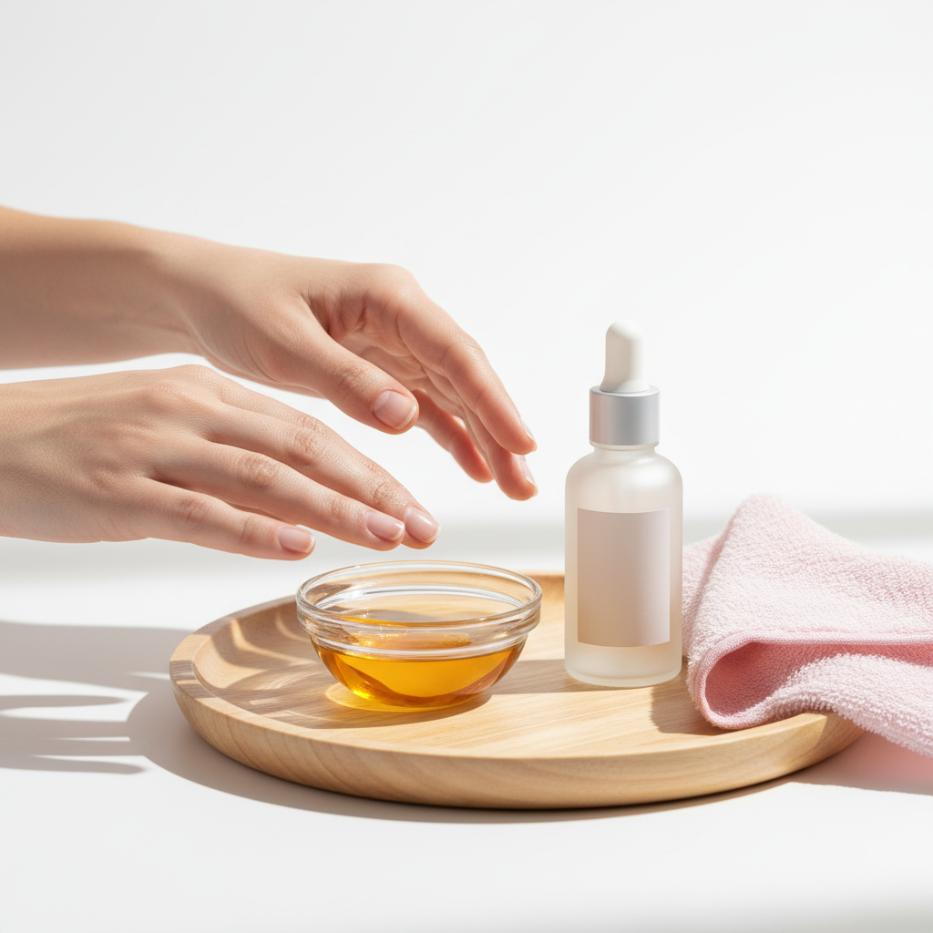 Gepflegte Hände auf Holztablett mit Glasschüssel warmem Öl, Pipettenflasche Nagelserum (neutral, ohne Logos), pastellhandtuch, weißer Hintergrund, dezente #f57fb6-Akzente, harte Nägel