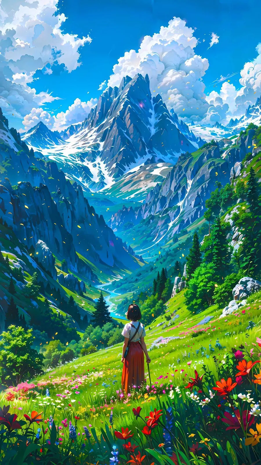Anime Girl In Alpine Meadow - Anime Art Style Full HD iPhone Wallpaper (1080x1920)