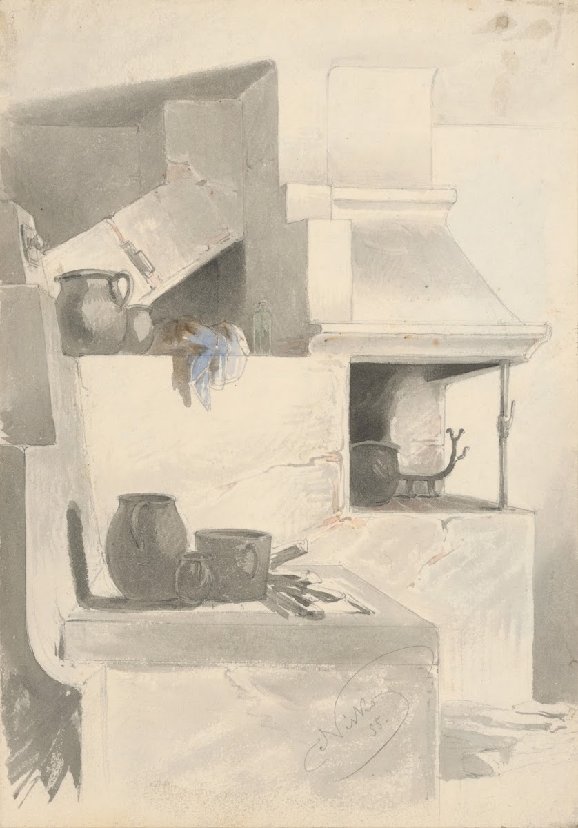 Sketch of Fireplace with Kitchen Utensils