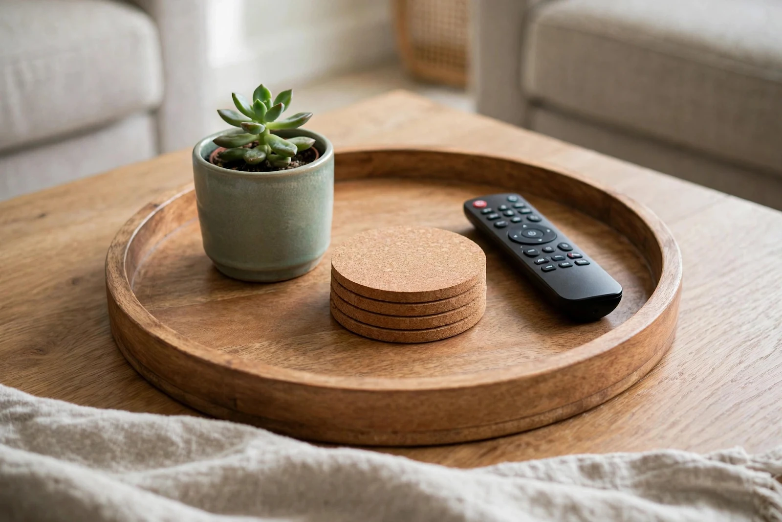A round wooden tray on a coffee table holding a small potted plant, a set of coasters, and a remote control, neatly arranged