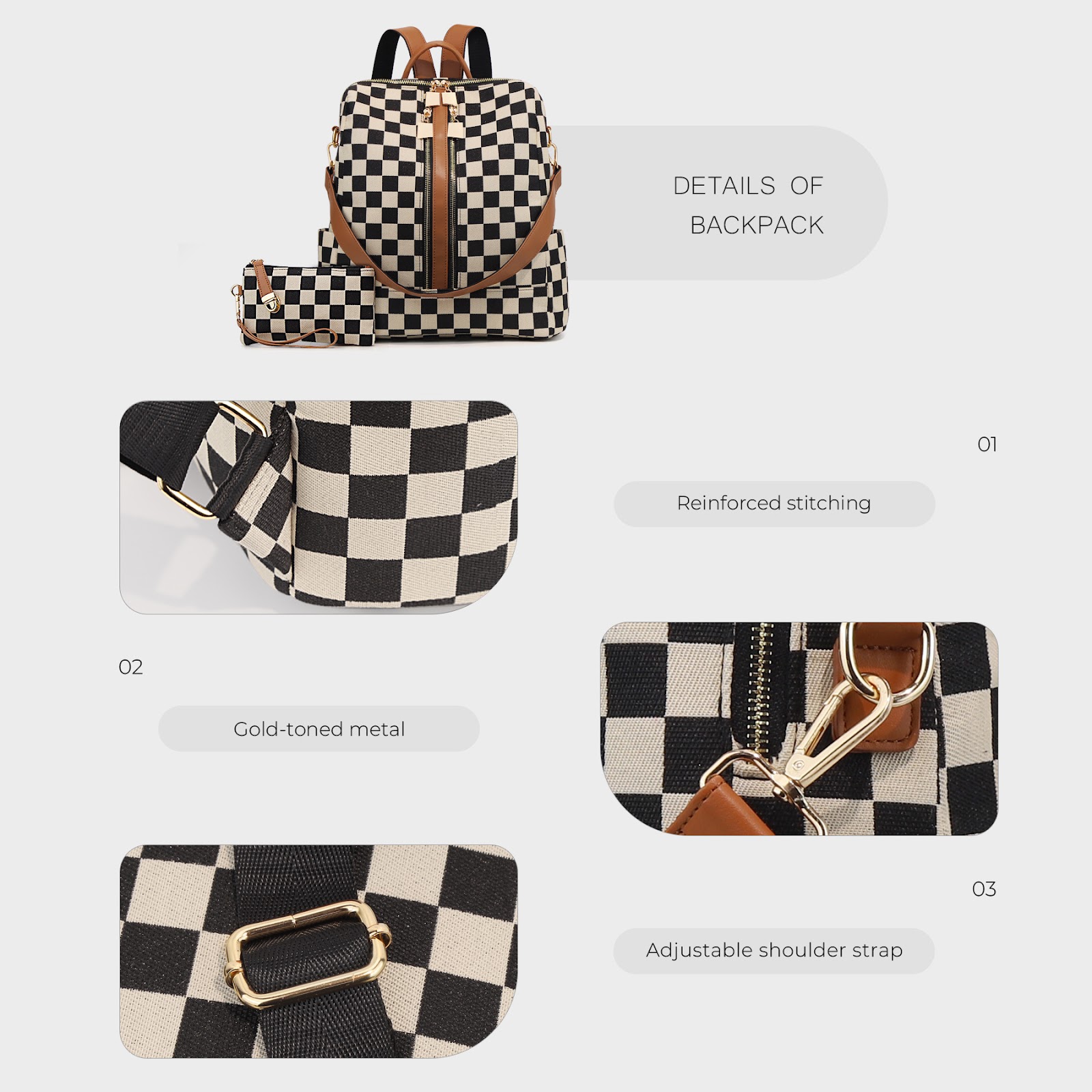 Women's Backpack, Canvas, Checkered Pattern