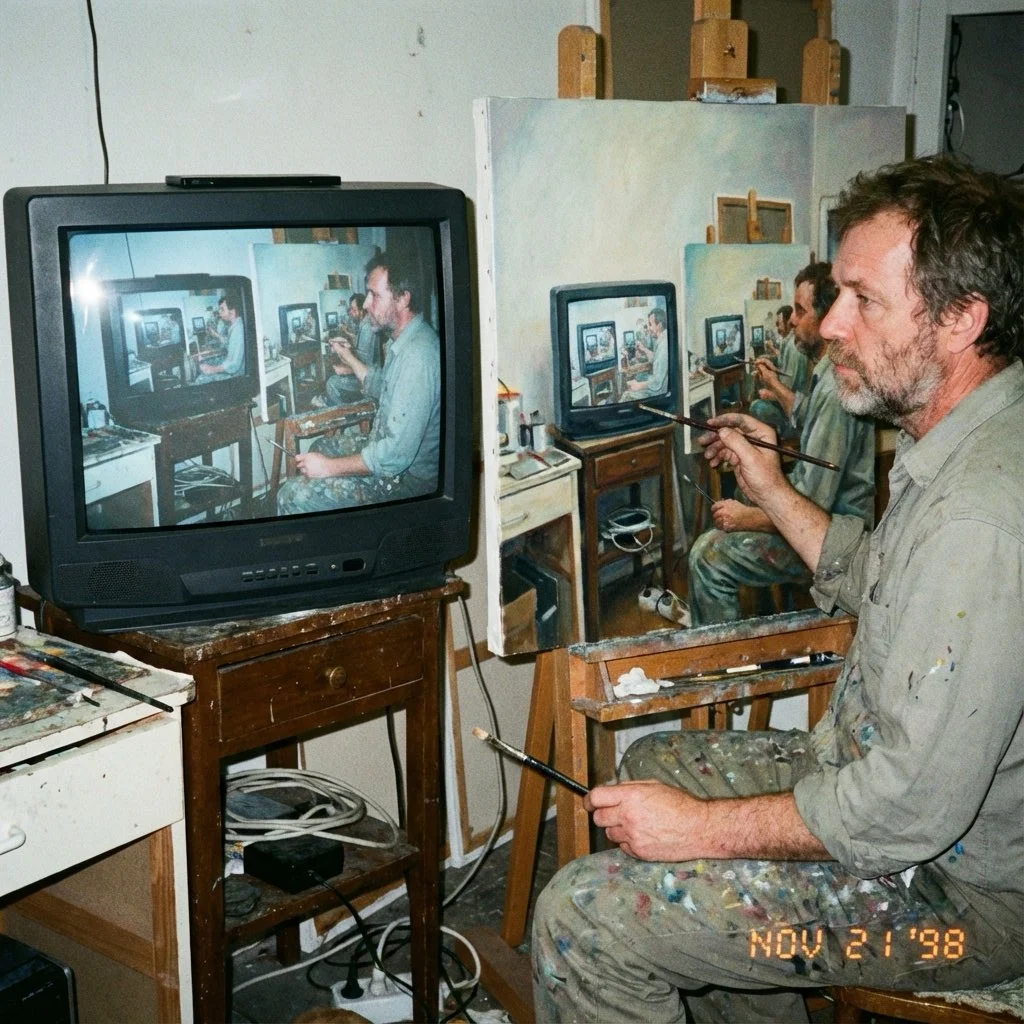 Fotografía amateur de 1998 de un artista de mediana edad copiando una imagen en una pintura al óleo.