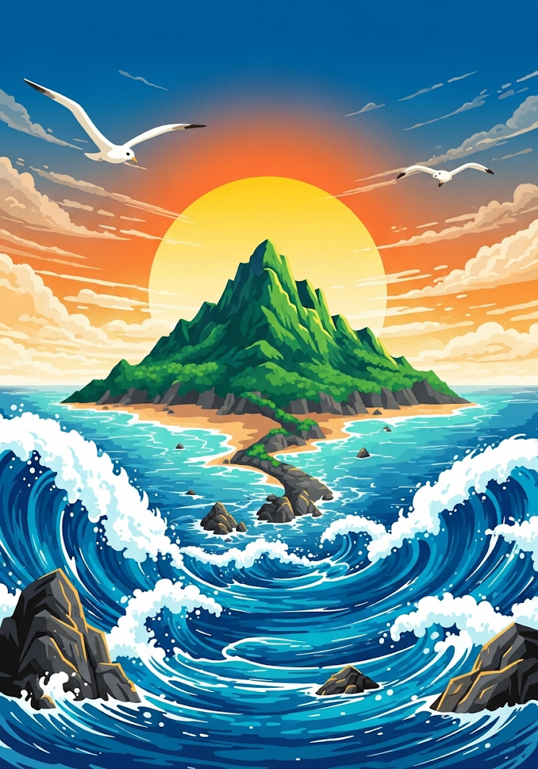 Lush Island Sunset: Ocean Waves & Seagulls