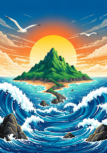 Lush Island Sunset: Ocean Waves & Seagulls