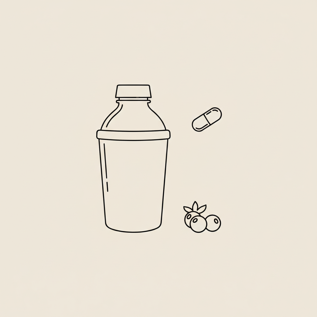 Minimalist vector line illustration of a protein shake bottle, a small cluster of berries and a capsule on a beige background, representing protein shakes for belly fat loss.