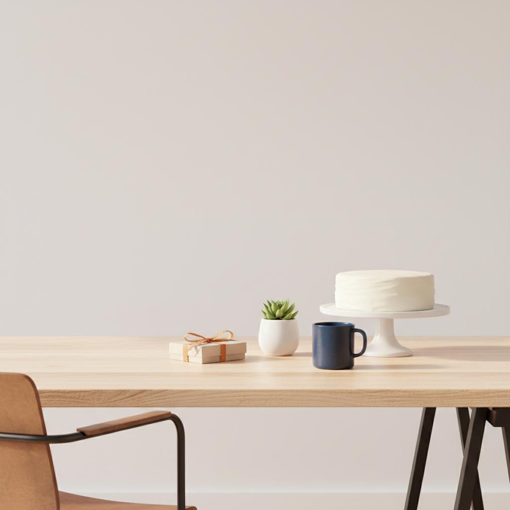 Minimalistische Büroszene mit Abschiedsgeschenk, Sukkulente und blauer Tasse – Was wünscht man einer Arbeitskollegin zum Abschied?