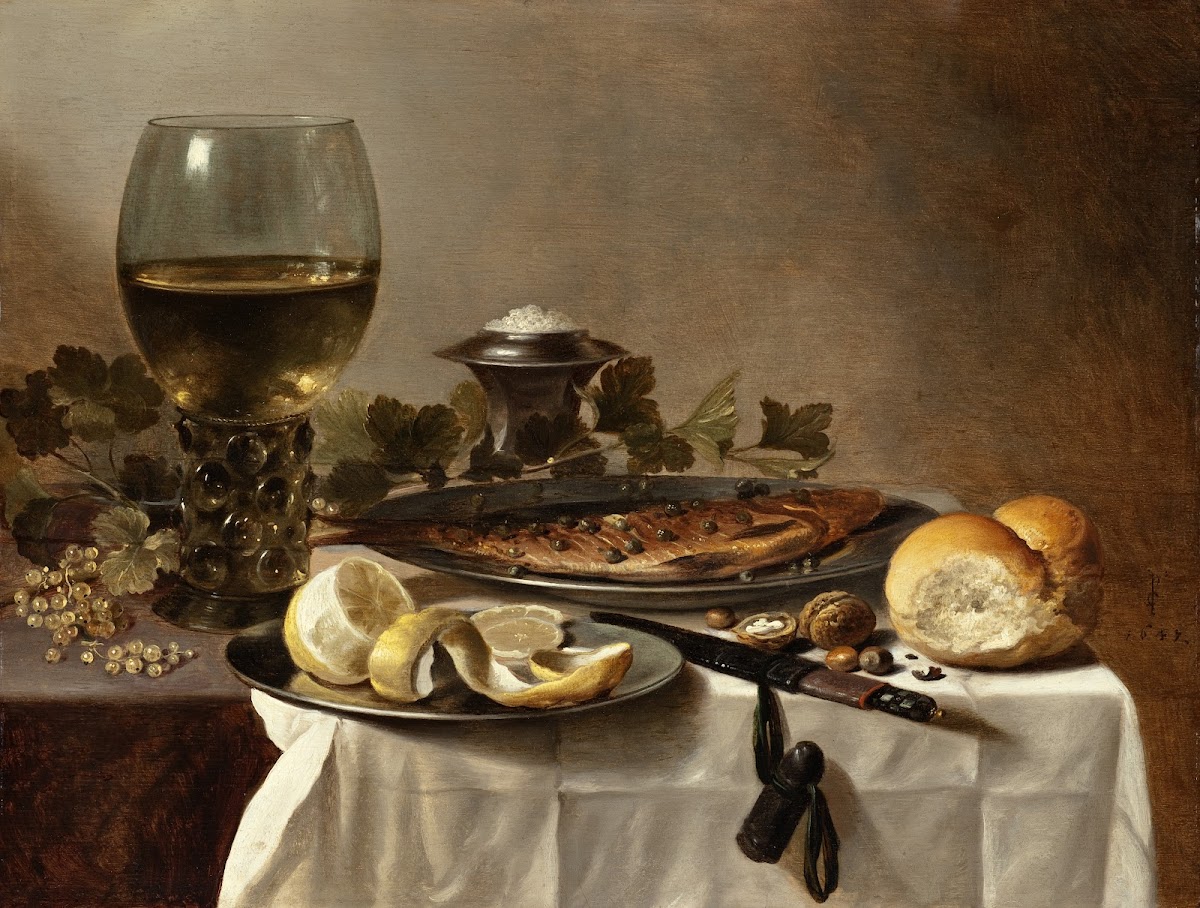 Still Life with Herring Wine and Bread 1647