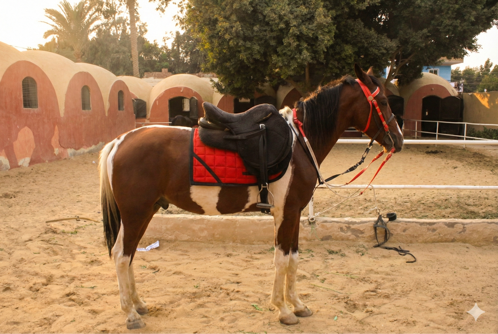 Shams - Horse available for riding at Kheyool El Shewkhy in Saqqara, Egypt. Behold this spirited pinto horse, defined by his eye-catching coat of rich chest