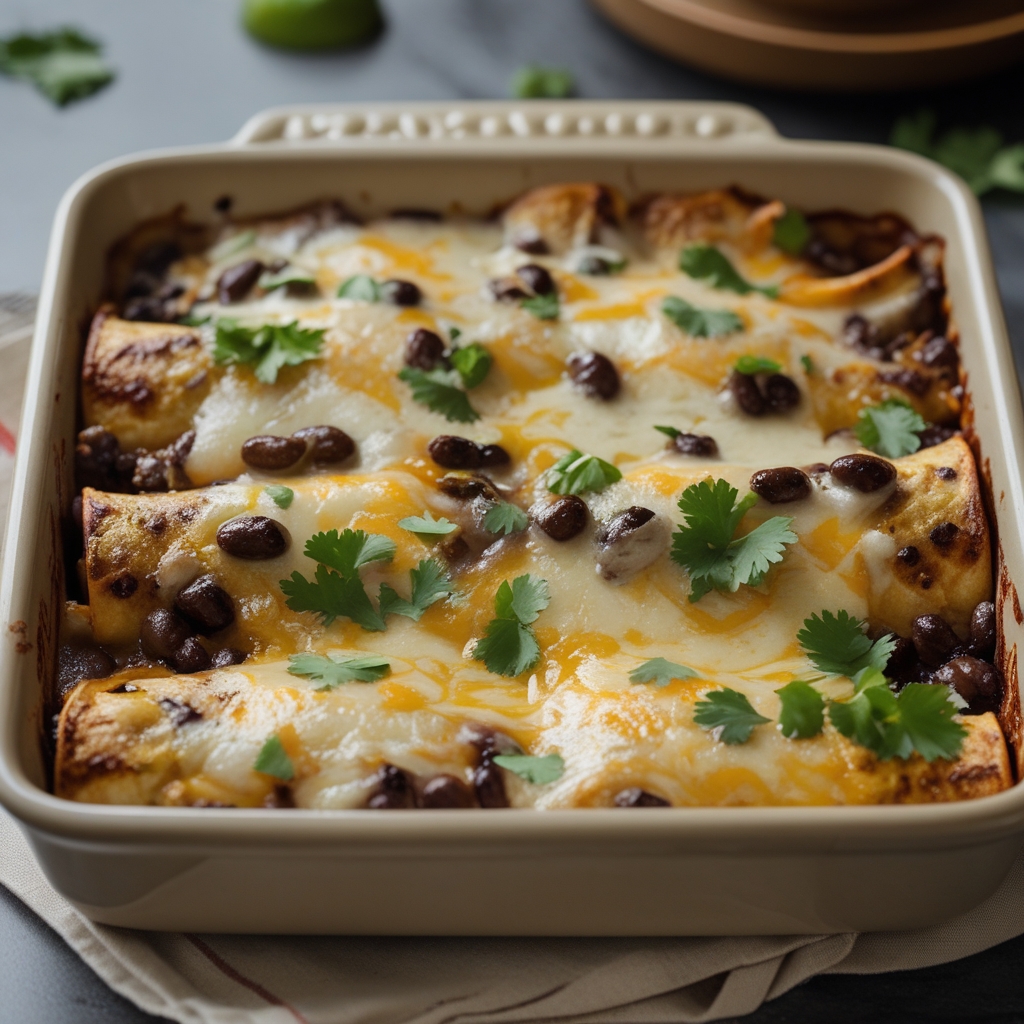 Golden Plantain & Black Bean Enchilada Bake with Smoky Adobo Crema